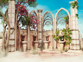 Fantasy wall with fountains and summer trees and flowers on a beach on a sunny day.  Made from 3d elements and painted parts. No AI used.  - 747079066