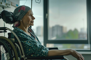 a woman with cancer wearing head scarf sitting in a wheelchair at hospital