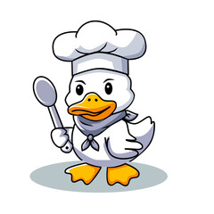 Vector illustration of a duck wearing a chef's hat, his hand holding a spoon in a cartoon and flat style isolated on white background