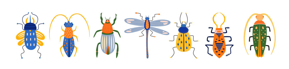 Large collection of multi-colored insects on white isolated background. Dragonfly, beetles, ground beetles, cockroach vector illustration. Template for use in design, textiles, books, packaging.