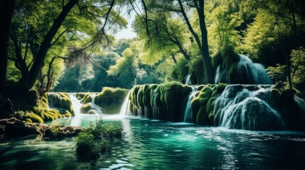 Waterfall cascading into crystal clear pool amidst lush greenery, teeming with life
