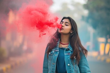The title is "Fashionable woman blowing red smoke, mirroring a carefree attitude. Fictional Character Created By Generated By Generated AI.