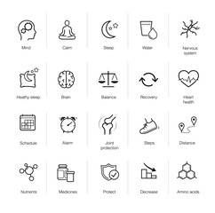 Vitality icon set for healthy lifestyle, human-improving products.The outline icons are well scalable and editable. Contrasting elements are good for different backgrounds. EPS10. - obrazy, fototapety, plakaty