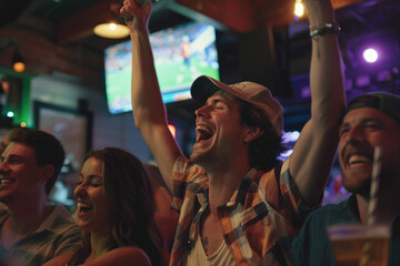 young people cheering while watching sports game in bar - obrazy, fototapety, plakaty