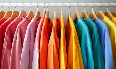 Commercial product photography featuring a gradient of pullovers hanging on a rack. The vibrant colors and organized display highlight the variety and style.