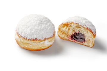 Sweet doughnuts with currant filling and powdered sugar