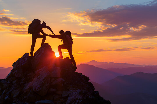 二人の男性が協力して山の登頂に挑んでいる