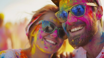 A Young Couple Celebrates Holi Festival with Colored Powder and Shades of Joy. Fictional Character Created By Generated By Generated AI.