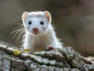 Curious ermine peeks over a tree trunk, its white fur contrasting with dark background.