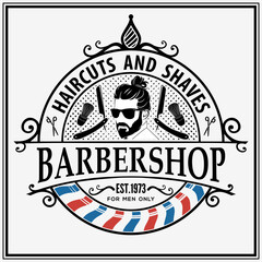 Barbershop logo, poster or banner design concept with barber pole and bearded men. Vector illustration