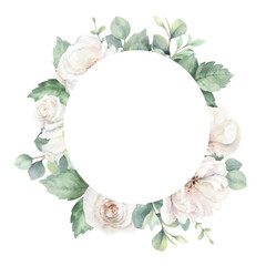 White roses and eucalyptus branches. Watercolor vector round floral frame. Wedding stationary, greetings, wallpapers, fabric, home decoration. Hand painted illustration.
