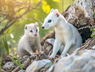Fototapeta premium An ermine with its young one on a moss-covered rock in the wild.