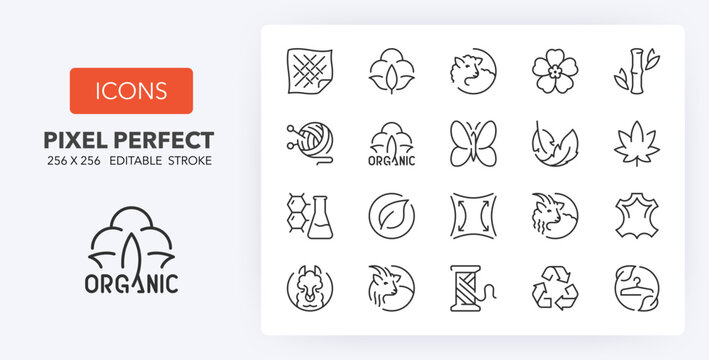 Fabric features, thin line icon set. Outline symbol collection. Editable vector stroke. 256x256 Pixel Perfect scalable to 128px, 64px...