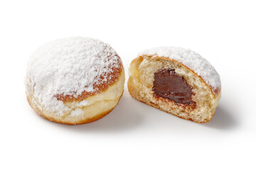 Doughnuts with chocolate filling, sprinkled with powdered sugar