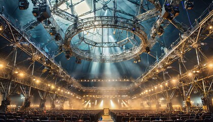 Live stage production with a circular light truss, in a center stage type live venue. AI GENERATE 
