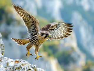 A Peregrine falcon perched, wings spread, in a rocky backdrop.