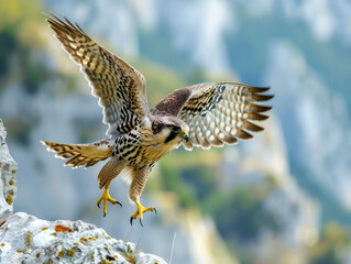 Fototapeta premium A Peregrine falcon perched, wings spread, in a rocky backdrop.
