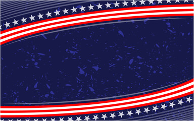 USA flag symbols wave corner border on dark grungy background.