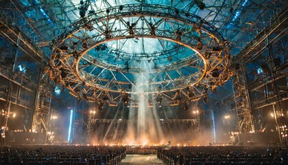 fountain at night, Live stage production with a circular light truss, in a center stage type live venue. AI GENERATE  - obrazy, fototapety, plakaty