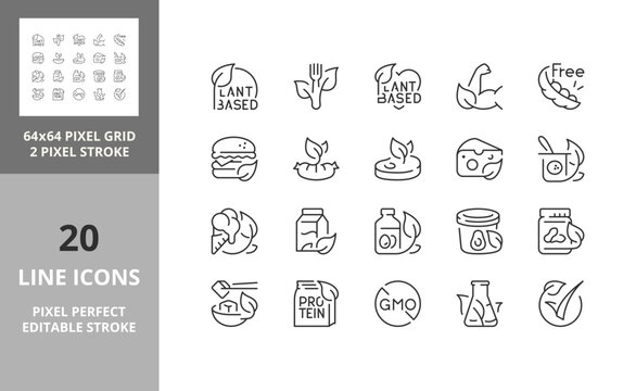 Line icons about plant based diet. Editable vector stroke. 64 and 256 Pixel Perfect scalable to 128px...