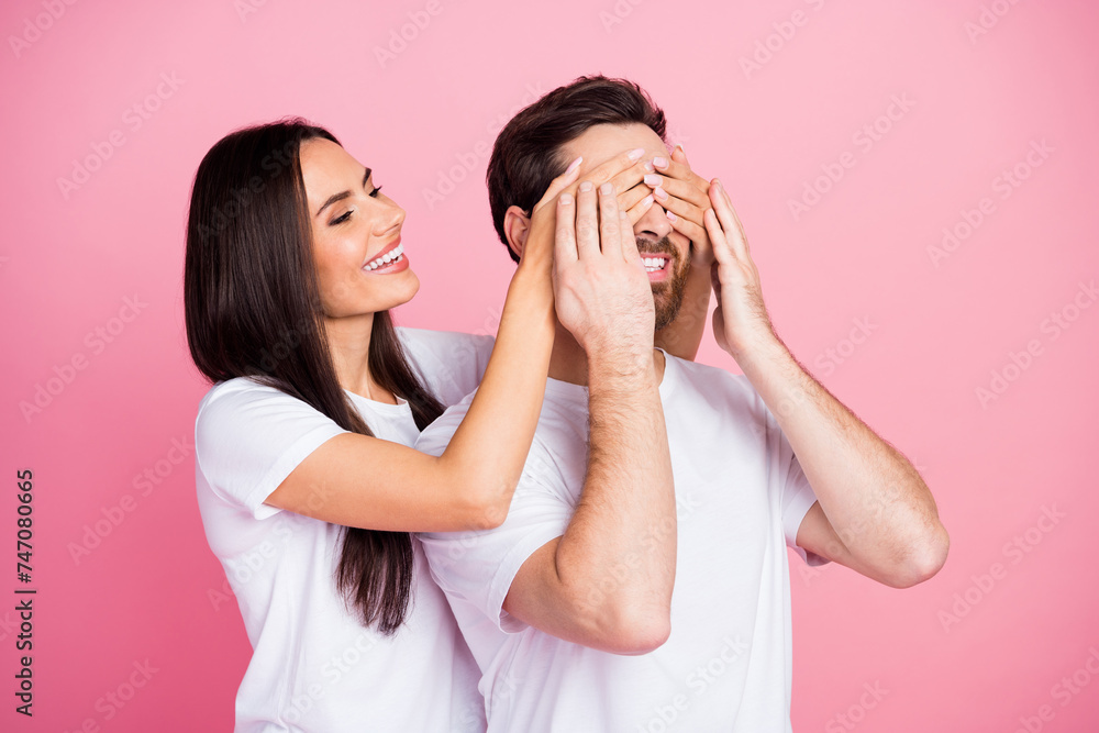 Sticker photo portrait of attractive young couple close eyes surprise meeting wear trendy white clothes isol