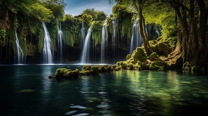 Majestic waterfall cascading down rocky cliff into crystal clear pool surrounded by lush greenery