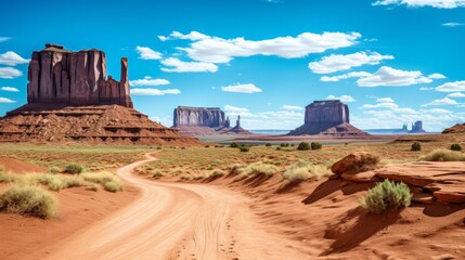 Majestic desert landscape with towering cacti, red rock formations, and vast sand dunes