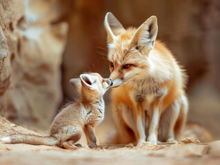 A heartwarming family scene as a Fennec fox shares a loving moment with its young against the backdrop of their desert home.