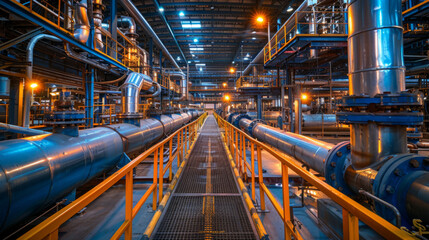 An industrial interior of a factory with piping running along either side, metal walkway in the center