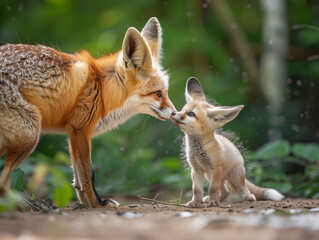 Naklejka na ściany i meble A tender moment as a Fennec fox cuddles with its young, a heartwarming scene of desert life.
