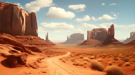 Schilderijen op glas Scenic desert landscape with towering cacti, red rock formations, and sand dunes © Philipp
