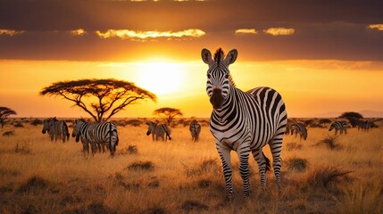 Zebra standing in the meadow before sunset