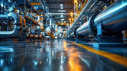 Fototapeta premium Modern industrial facility interior with a low angle view showcasing shiny pipelines and intricate machinery along the production floor, reflecting the overhead lights, with a vibrant blue hue.