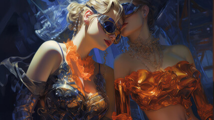 Futuristic fantasy art. Modern erotic art. Two women together with futuristic outfits and sun visors, erotic fantasy art style. - obrazy, fototapety, plakaty