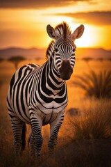 Fototapeta na wymiar Zebra standing in the meadow before sunset