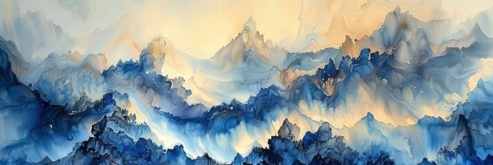 Serene spring atmosphere  abstract watercolor with sky blue and pale yellow brushstrokes - obrazy, fototapety, plakaty