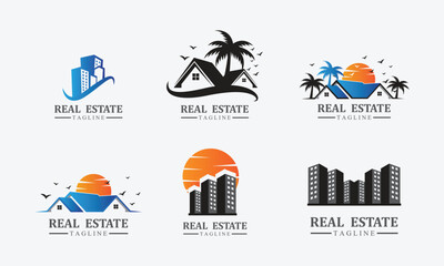 Real estate logo design icons with sun and birds free Free and SVG