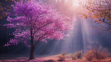 The purple trees create an enchanting scene, blocking out the sun's rays in a side view, captured with soft focus photography. A diagrammatic portrait in 64K hyper quality. AI generative