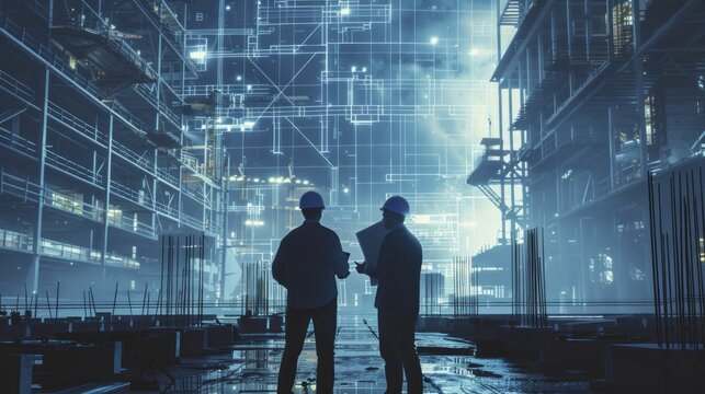 Architects and engineers at a construction site, transforming blueprints into industrial innovation.