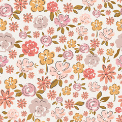Delicate watercolor seamless pattern depicting pink, red and orange wildflowers on a light background.