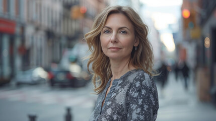 Fototapeta premium A portrait of a confident woman with wavy hair, wearing earrings and a patterned top, stands on a city street with buildings and soft-focus lights in the background.