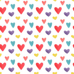 A pattern of simple bright watercolor illustrations of beautiful colorful hearts. Hand-drawn.