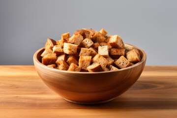 Rye Croutons in Wood Bowl Isolated, Homemade Brown Bread Rusks, Crispy Bread Cubes Pile