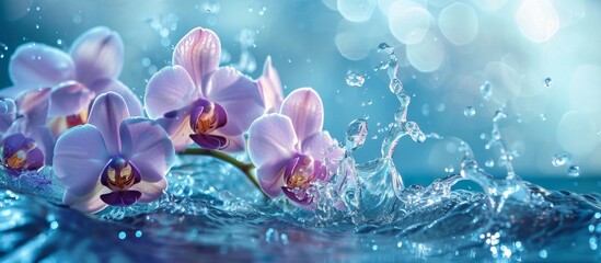 Vibrant purple orchids are elegantly floating on the surface of the shimmering liquid, creating a...