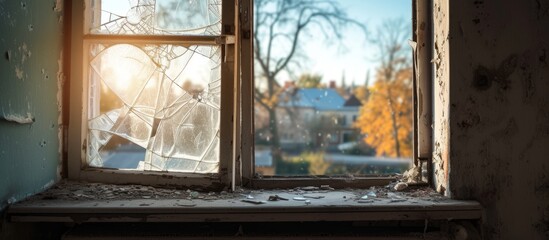 Shattered Dreams: A Broken Window Overlooking the Urban Landscape