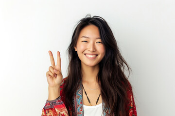 Portrait of happy Asian woman showing ok sign.