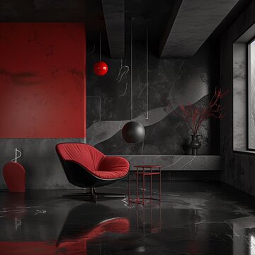 Fragment of an interior in minimalist style. Contrast of black and red