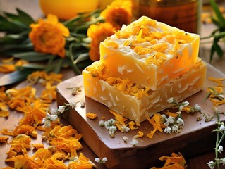 Homemade Herbal Soap with Petals of Calendula, Flower Soap