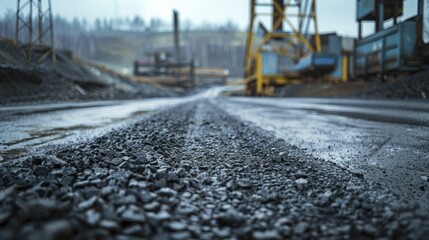 The industrial landscape's underfoot texture conveys heavy loads and traffic through gravel roads and surfaces. - obrazy, fototapety, plakaty