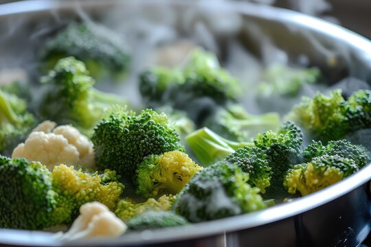Steamed broccoli on white restaurant plate isolated. Green asparagus cabbage cooked on steam